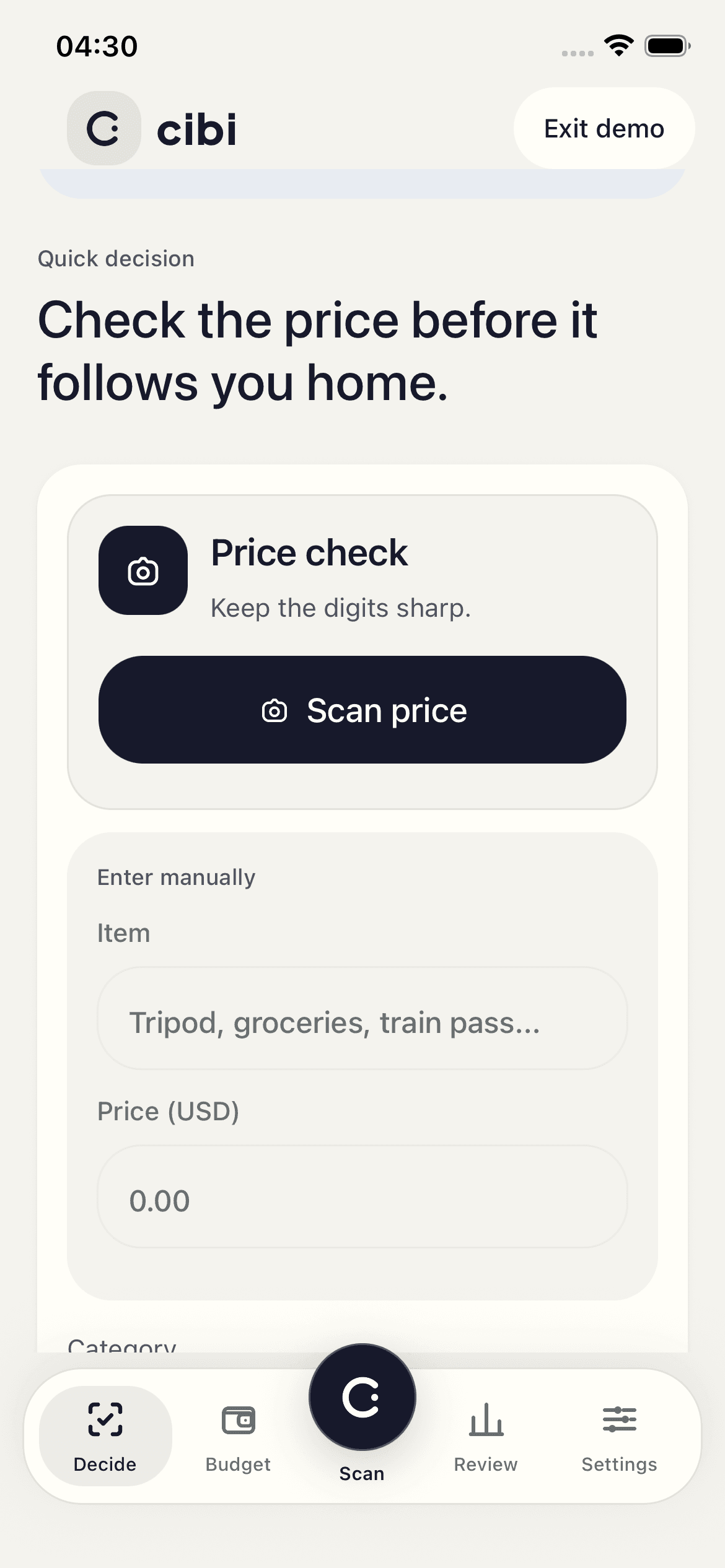 CIBI simulator screenshot showing the decision screen with scan price and manual entry controls.